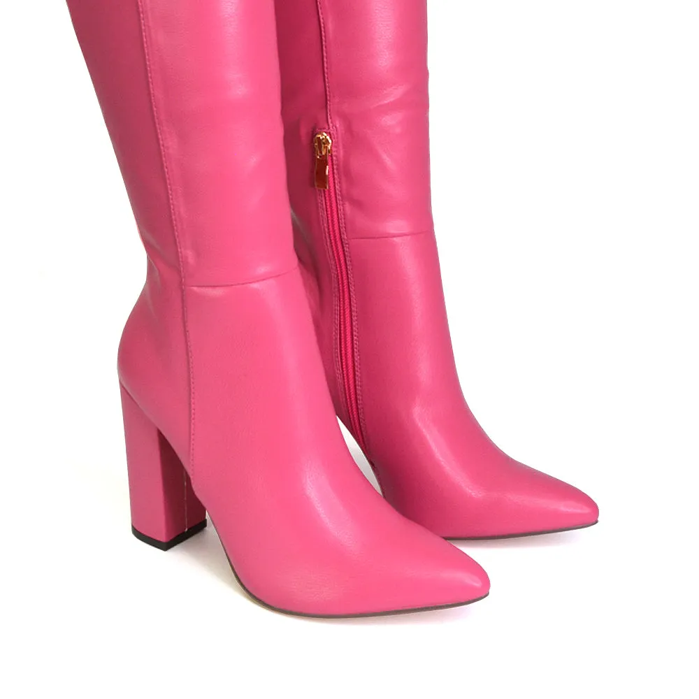 Opal White Synthetic Leather Statement Knee High Pointed Toe Block Heeled Long Boots