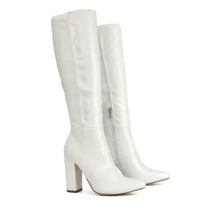 Opal White Synthetic Leather Statement Knee High Pointed Toe Block Heeled Long Boots