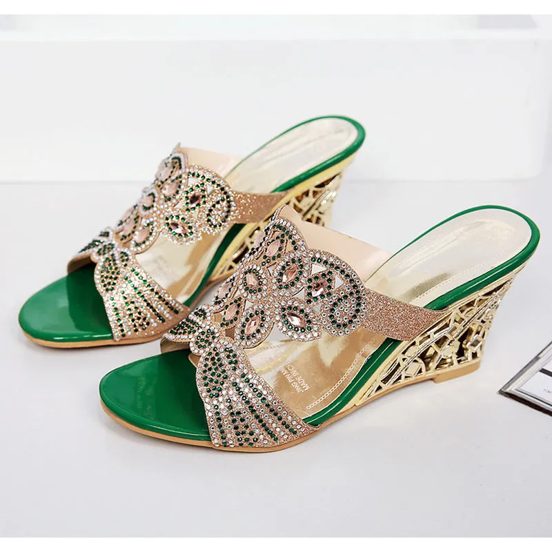 Rhinestone Peacock Patterned Wedge Sandals for party